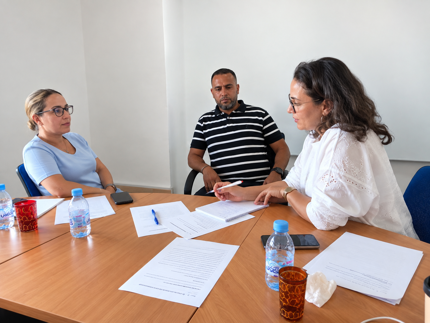 Échange professionnel en petit groupe autour d'un temps de travail